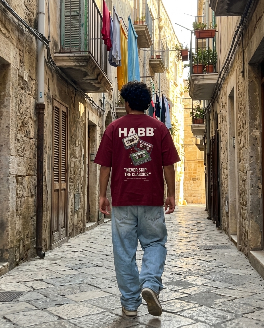 Wearing The Classics Tee in Wine Red, old town street